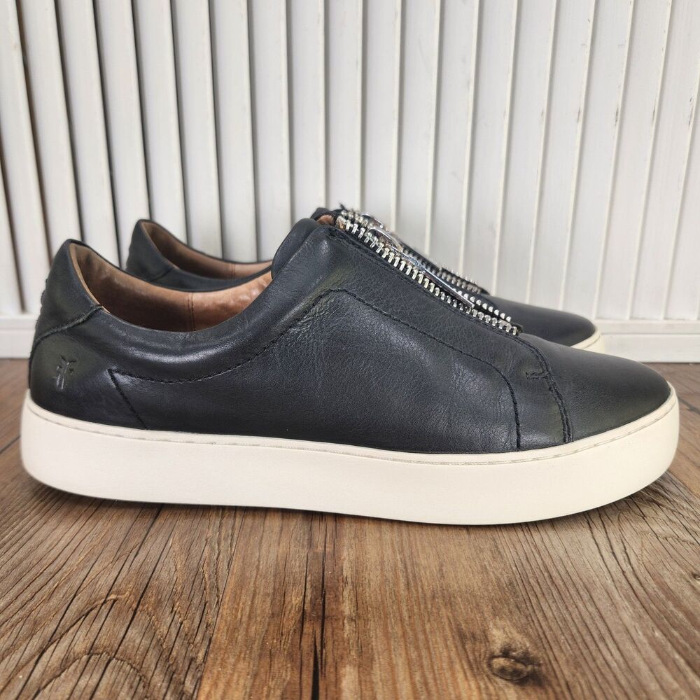 Frye Lena Zip Low Sneakers Womens Size 8.5 M Black Leather Platform Zipper Shoes